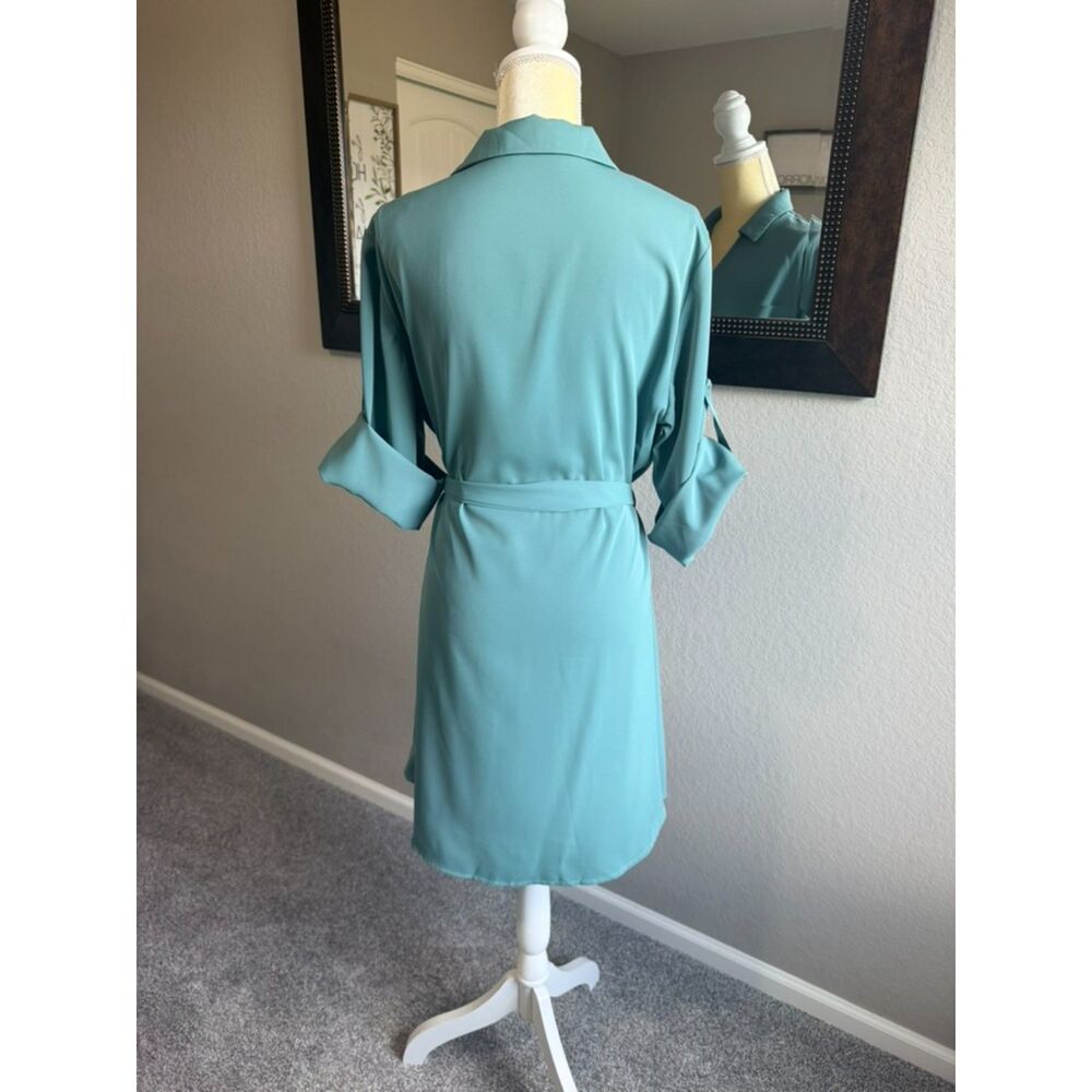Halara Womens L Teal Shirt Dress Belted Roll Tab Sleeve Collared A Line - Picture 3 of 7